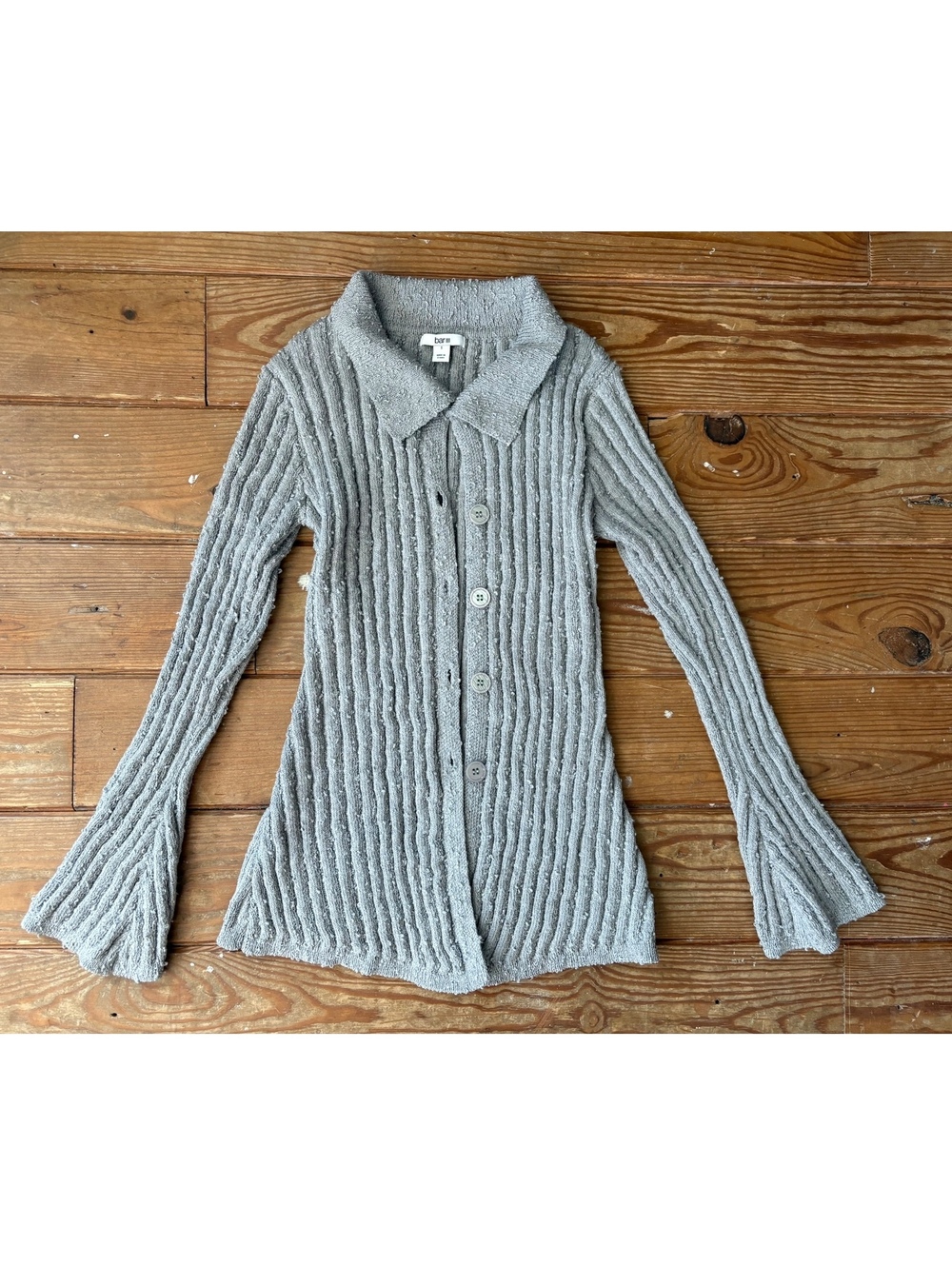 Bar III Gray Ribbed Knit Button Front Collared Cardigan Bell Sleeve Sweater S